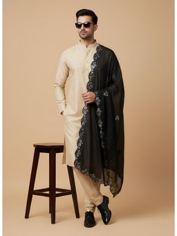 MUFFLY - Black Men Gold Embellished Fancy Cut Work Design Mirror Silk Dupatta