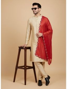 MUFFLY - Red Men Gold Embellished Fancy Cut Work Design Mirror Silk Dupatta