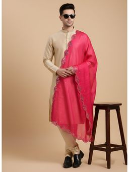 MUFFLY - Pink Men Gold Embellished Fancy Cut Work Design Mirror Silk Dupatta