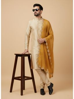 MUFFLY - Mustard Men Gold Embellished Fancy Cut Work Design Mirror Silk Dupatta