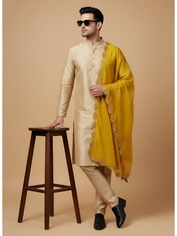 MUFFLY - Yellow Men Gold Embellished Fancy Cut Work Design Mirror Silk Dupatta