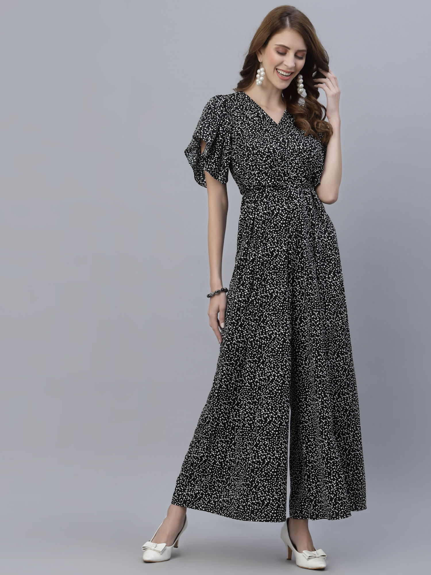 raassio Women Black Flared Dot Print Jumpsuit-picture-30