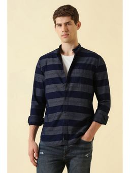Allen Solly - Men's Navy Blue Custom Fit Stripe Full Sleeves Casual Shirt