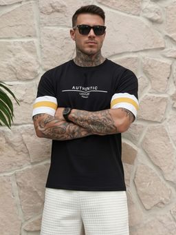 LEOTUDE - Black Men's Printed Oversized Cotton Blend T-Shirt