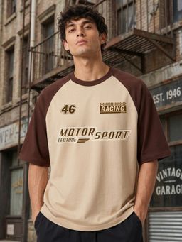 LEOTUDE - Beige Men's Printed Oversized Cotton Blend T-Shirt