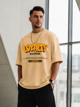 LEOTUDE - Beige Men's Oversized Cotton Blend T-Shirt