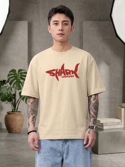LEOTUDE - Beige Men's Printed Oversized Cotton Blend T-Shirt