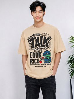 LEOTUDE - Beige Men's Printed Oversized Cotton Blend T-Shirt