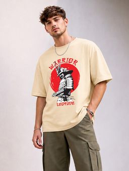 LEOTUDE - Beige Men's Printed Oversized Cotton Blend T-Shirt