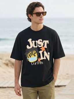 LEOTUDE - Black Men's Printed Oversized Cotton Blend T-Shirt