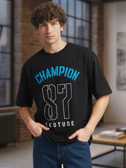 LEOTUDE - Black Men's Printed Oversized Cotton Blend T-Shirt