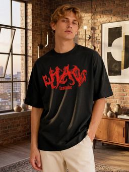 LEOTUDE - Black Men's Printed Oversized Cotton Blend T-Shirt