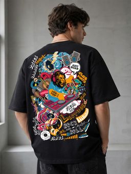 LEOTUDE - Black Men's Graphic Oversized Cotton Blend T-Shirt