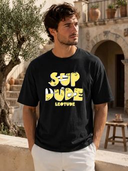 LEOTUDE - Black Men's Printed Oversized Cotton Blend T-Shirt