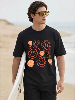 LEOTUDE - Black Men's Printed Oversized Cotton Blend T-Shirt