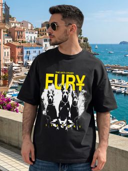 LEOTUDE - Black Men's Printed Oversized Cotton Blend T-Shirt
