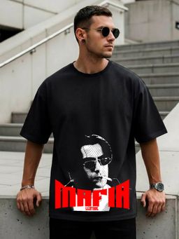 LEOTUDE - Black Men's Printed Oversized Cotton Blend T-Shirt