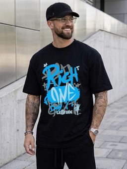 LEOTUDE - Black Men's Printed Oversized Cotton Blend T-Shirt
