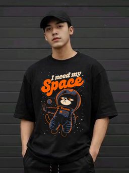 LEOTUDE - Black Men's Printed Oversized Cotton Blend T-Shirt