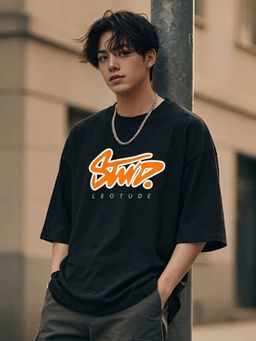 LEOTUDE - Black Men's Printed Oversized Cotton Blend T-Shirt