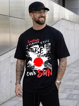 LEOTUDE - Black Men's Printed Oversized Cotton Blend T-Shirt