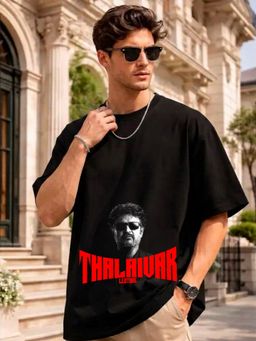 LEOTUDE - Black Men's Printed Oversized Cotton Blend T-Shirt
