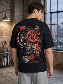 LEOTUDE - Black Men's Graphic Oversized Cotton Blend T-Shirt