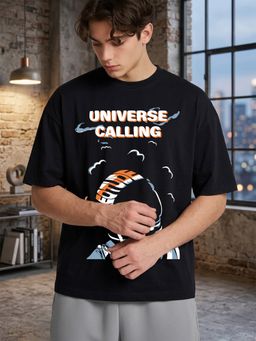 LEOTUDE - Black Men's Printed Oversized Cotton Blend T-Shirt