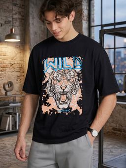 LEOTUDE - Black Men's Graphic Oversized Cotton Blend T-Shirt