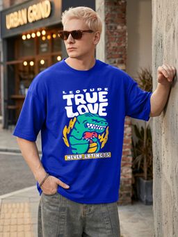 LEOTUDE - Blue Men's Printed Oversized Cotton Blend T-Shirt