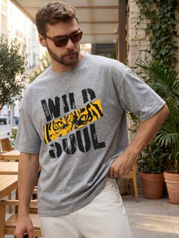 LEOTUDE - Grey Men's Printed Oversized Cotton Blend T-Shirt