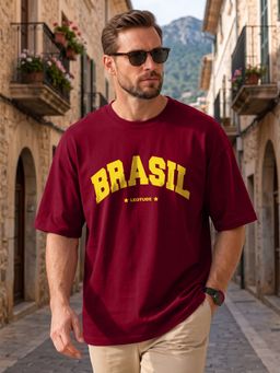 LEOTUDE - Maroon Men's Printed Oversized Cotton Blend T-Shirt