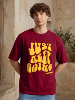LEOTUDE - Maroon Men's Printed Oversized Cotton Blend T-Shirt