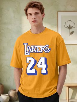 LEOTUDE - Mustard Men's Printed Oversized Cotton Blend T-Shirt