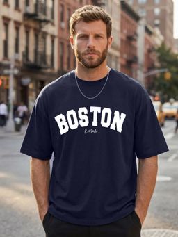 LEOTUDE - Navy Blue Men's Printed Oversized Cotton Blend T-Shirt