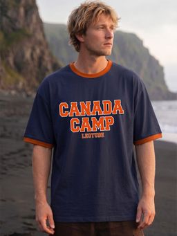 LEOTUDE - Navy Blue Men's Printed Oversized Cotton Blend T-Shirt
