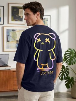 LEOTUDE - Navy Blue Men's Oversized Cotton Blend T-Shirt