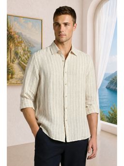 Louis Philippe - Men'S Beige Regular Fit Stripe Full Sleeves Casual Shirt
