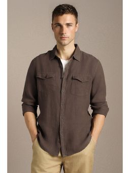 Louis Philippe - Men'S Brown Relaxed Fit Solid Full Sleeves Casual Shirt