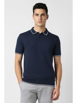 Peter England - Men's Navy Blue Textured Polo T-Shirt