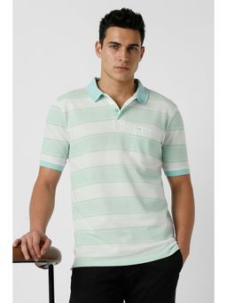 Peter England - Men's Light Green Stripe Polo T-Shirt