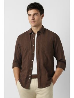Peter England - Men's Brown Slim Fit Textured Shirt