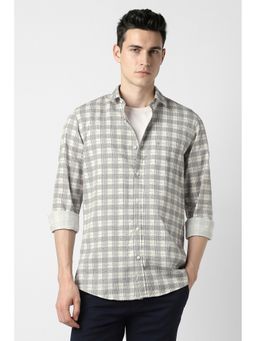 Peter England - Men's Beige Slim Fit Check Shirt