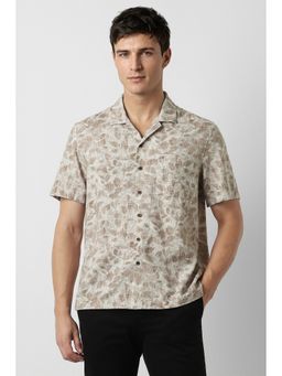 Peter England - Men's Beige Relaxed Fit Print Shirt