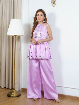 NEHA SHARMA LABEL - Lilac Block Mirror Work Kurta with Palazzo (Set of 2)