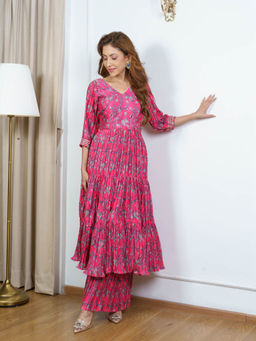 NEHA SHARMA LABEL - Rani Pink Printed Anarkali Kurta with Pant (Set of 2)