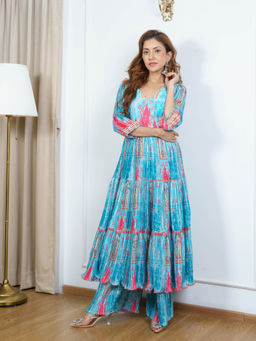 NEHA SHARMA LABEL - Sky Blue Printed Anarkali Kurta with Pant (Set of 2)