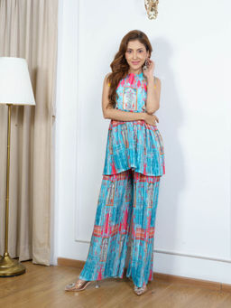 NEHA SHARMA LABEL - Sky Blue Printed Flap Kurta with Pant (Set of 2)