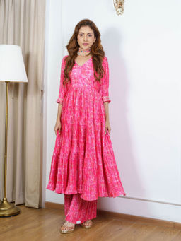 NEHA SHARMA LABEL - Pink Printed Anarkali Kurta with Pant (Set of 2)