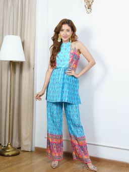 NEHA SHARMA LABEL - Sky Blue Damask Printed Flap Kurta with Pant (Set of 2)